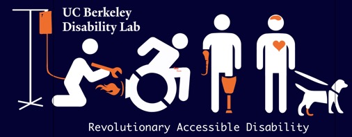 The UC Berkeley Disability Lab Logo features a chronically ill person wrenching on a wheelchair user who has racing flames next to a person with prosthetic limbs and someone using a service dog